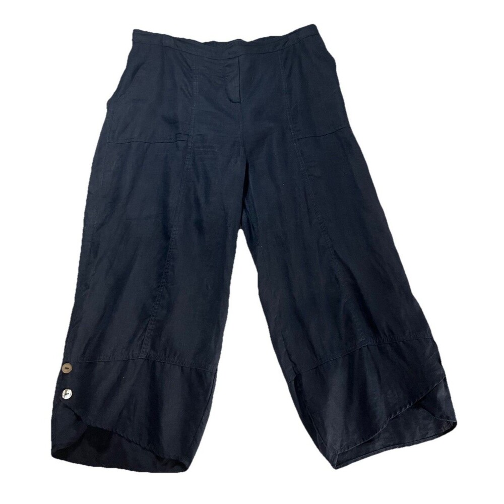 Foil 100% Linen Crop Pants Size 14 Navy Blue Lagenlook Beach Hem Detail